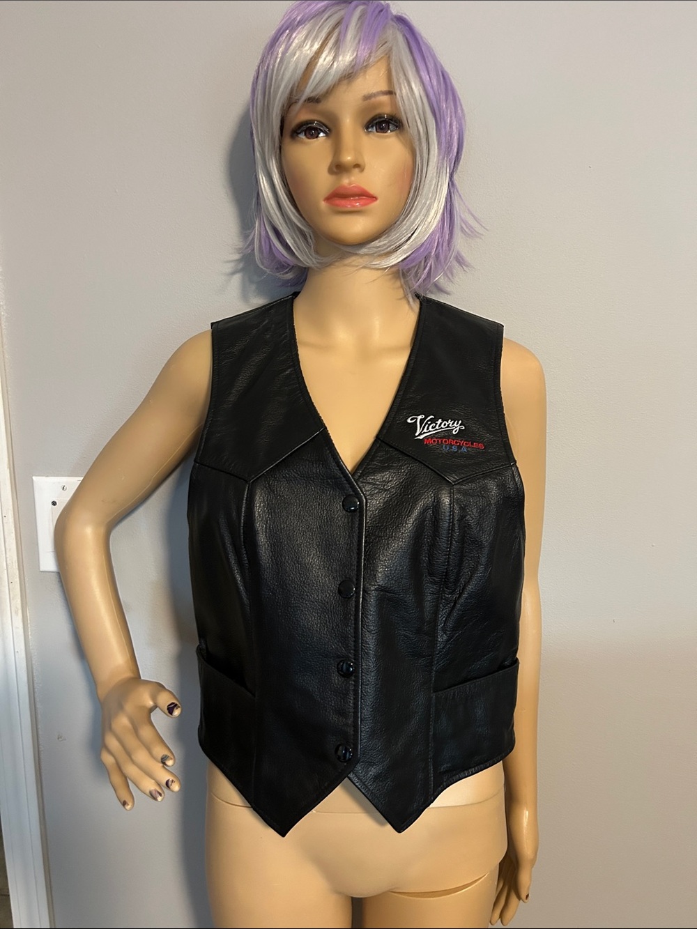 Victory Vintage Motorcycles Black Leather Vest with Embroidered Logo